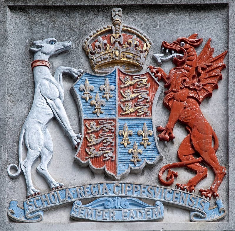 Coat of Arms and Latin motto inscription of Ipswich Boys School, Ipswich, Suffolk, England, UK