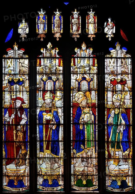 Sixteenth century stained glass window 13, Fairford, Gloucestershire, England, UK Saints Jerome, Gregory, Ambrose, Augustine