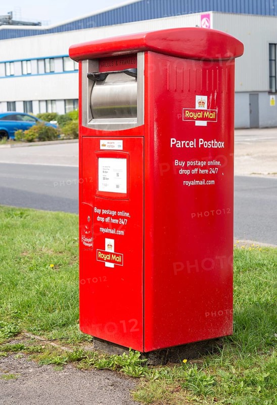 Red Parcel Postbox drop off box, Porte Marsh Industrial Estate, Calne, Wiltshire, England, UK