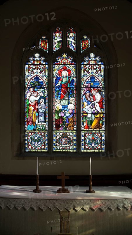 Raising of Lazarus, Ascension, Raising of daughter of Jairus depicted in stained glass window by Lavers and Barraud 1867, All Saints church, Stanton St Bernard, Wiltshire
