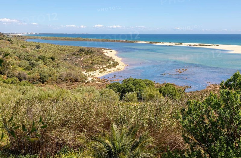 Coastal wooded landscape of pristine beaches and lagoon behind offshore sandbar, Cacela Velha, Vila Real de Santo Antonio, Algarve, Portugal, Southern Europe, Ria Formosa Natural Park, Europe