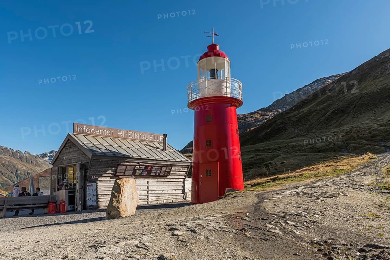 Oberalp Pass, lighthouse and Rhine spring information centre at the top of the pass, canton of Graubuenden, Switzerland, Europe