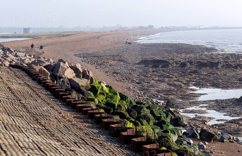 Land protected by rock armour coastal defences, Bawdsey, Suffolk, England, UK low tide reveals London Clay