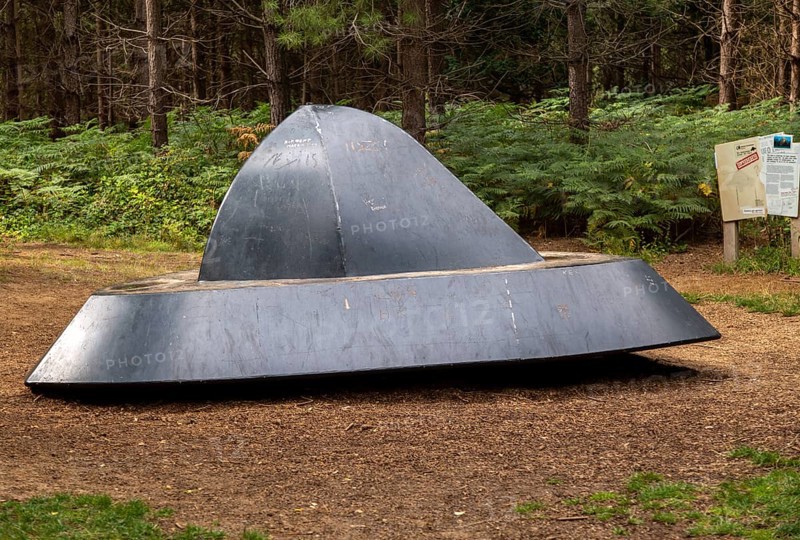 UFO spacecraft sculpture at supposed landing site, Rendlesham Forest, Suffolk, England, UK