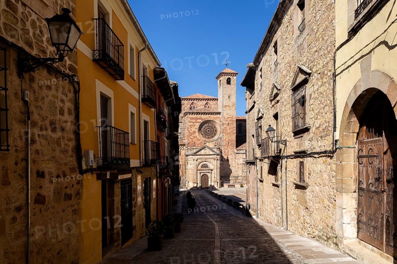 View from Calle Mayor of cathedral church, Catedral de Santa Maria de Sigueenza, Siguenza, Guadalajara province, Spain, Europe