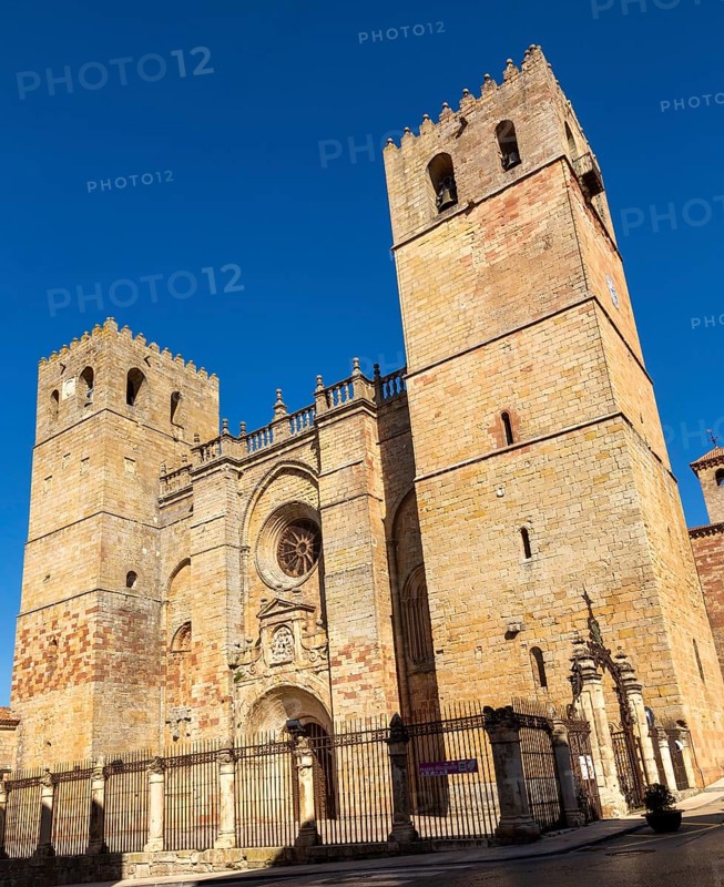 Romanesque facade of Cathedral church, Catedral de Santa Maria de Sigueenza, Siguenza, Guadalajara province, Spain, Europe