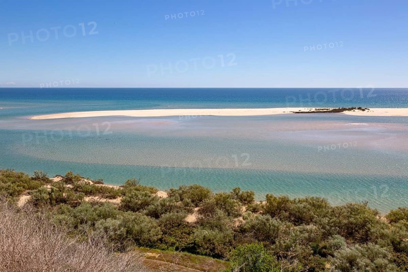 Coastal wooded landscape of pristine beaches and lagoon behind offshore sandbar, Cacela Velha, Vila Real de Santo Antonio, Algarve, Portugal, Southern Europe, Ria Formosa Natural Park, Europe