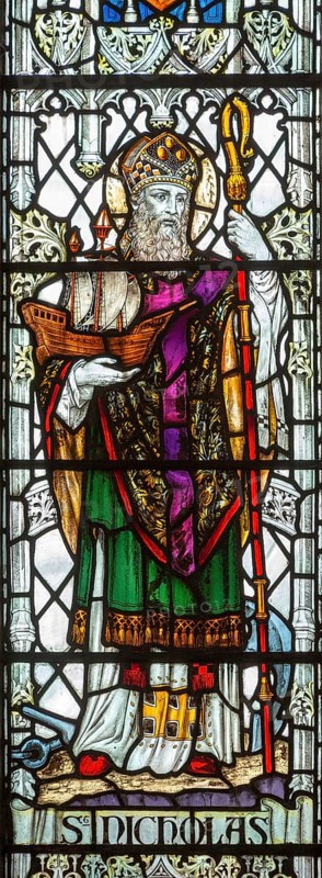 Stained glass window of Saint Nicholas, Saint Thomas church, Salisbury, Wiltshire, England, 1920, by James Powell and Sons