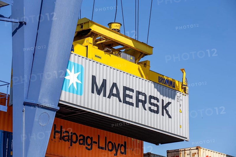 A Maersk Line container is loaded in the port of Mannheim, Germany. Supply bottlenecks and a sharp rise in container prices are currently affecting global trade