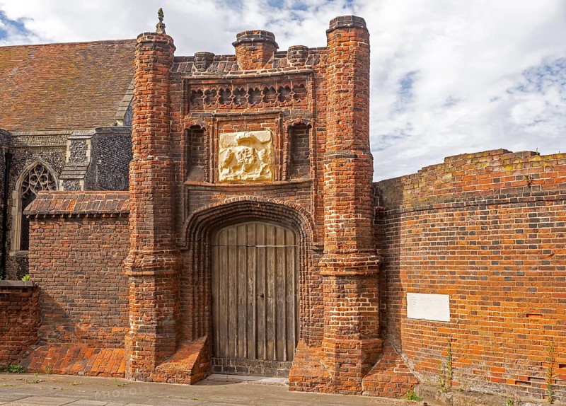 Red brick Tudor gateway Wolsey's Gate, Ipswich, Suffolk, England, UK, Cardinal Thomas Wolsey 1530s