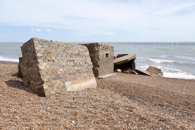 Wartime coastal defences 1940s anti-invasion military structures, Bawdsey, Suffolk, England, UK originally located on cliff top