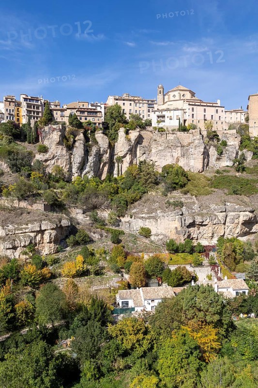Historic buildings on cliff of river gorge, Rio Huecar, Cuenca, Castille La Mancha, Spain, Europe