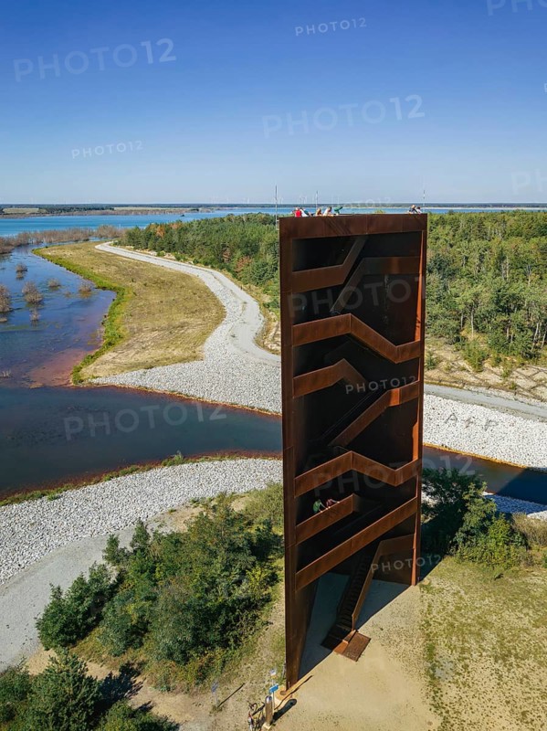 The 30 metre high landmark of the Lusatian Lakeland, the so-called Rusty Nail, was built at the mouth of Lake Sedlitz. It is a lookout tower made of 111 tonnes of Corten steel, with the base of a right-angled triangle with cathetus lengths of approximately twelve and eight metres. 162 steps lead to the viewing platform on the tower, Senftenberg, Brandenburg, Germany, Europe