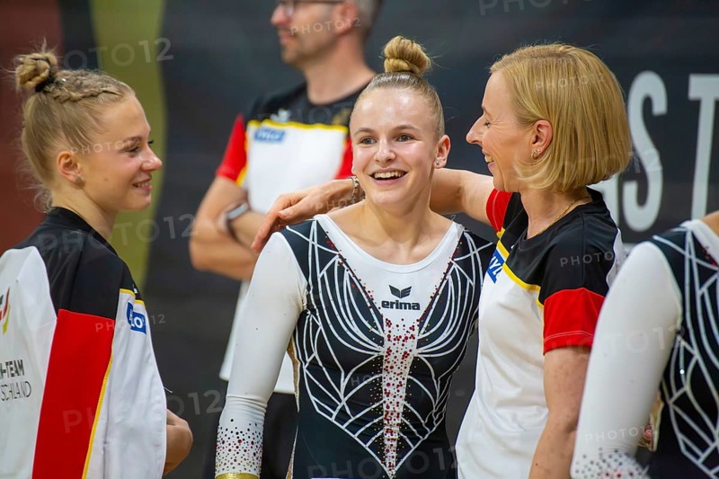 Heidelberg, 9 September 2023: Women's national gymnastics competition in the SNP Dome in Heidelberg. Anna-Lena Koenig after her routine on the balance beam