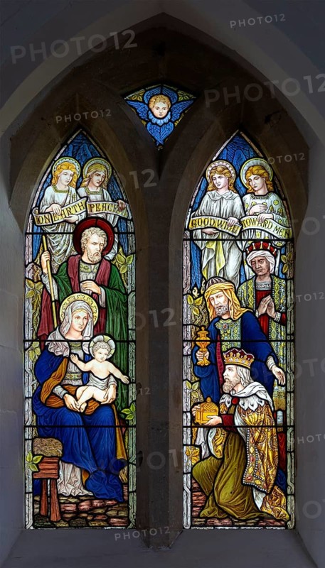 Stained glass window c 1906 Nativity scene, Thorpe Morieux church, Suffolk, England, UK