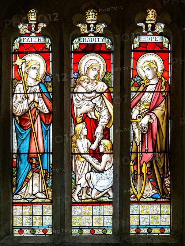 Stained glass window Faith, Charity, Hope church of Saint Swithin, Combe, Berkshire, England, UK 1881 by Gibbs and Howard