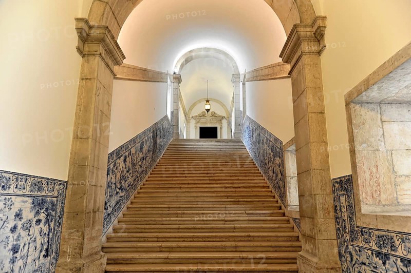 Staircase, Azulejos, Tile paintings, Monastery of Sao Vicente de Fora, built until 1624, Old Town, Lisbon, Lisboa, Portugal, Europe