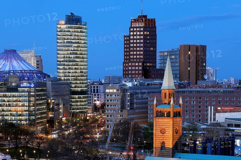 Sony Center, DB Tower, Kollhoff Tower and St Matthew's Church on Potsdamer Platz, Berlin, 26 April 2021