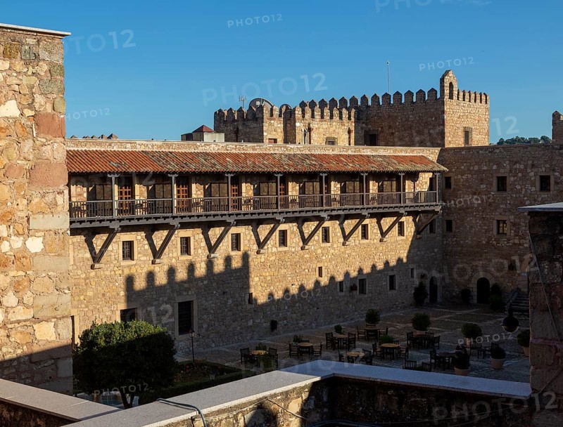 Courtyard of castle Parador hotel, Siguenza, Guadalajara province, Spain, Europe