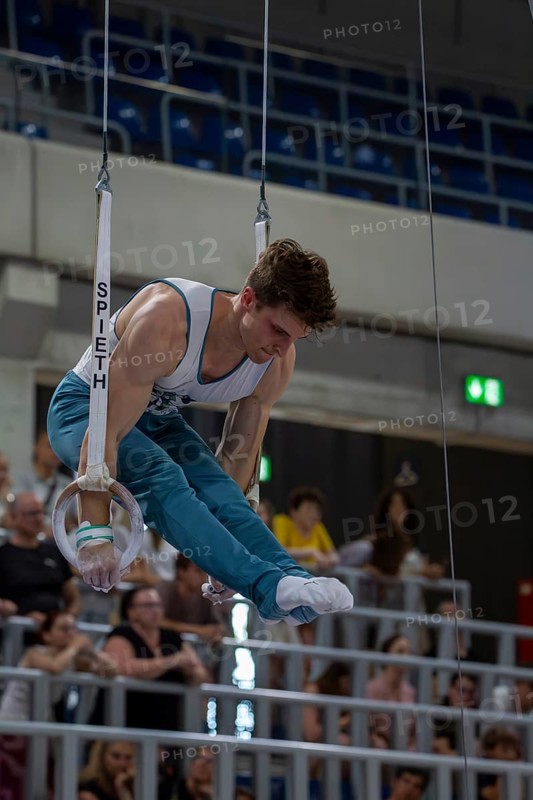 Heidelberg, 9 September 2023: Men's World Championship qualification in conjunction with a national competition against Israel. Carlo Hoerr during his routine on the rings