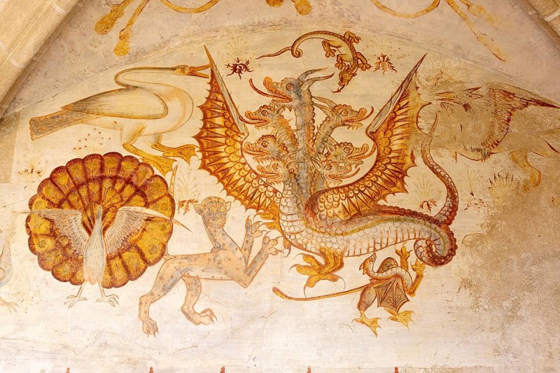 Image set of Casas Pintadas, Evora, Portugal unusual 16th-century murals paintings of creatures real and imagined, birds, hares, foxes, a basilisk, a mermaid and a harpy