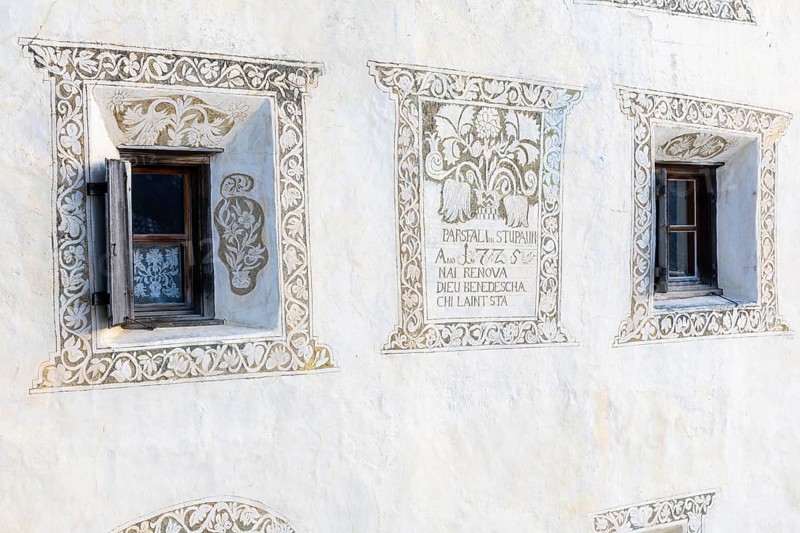 Window, historic house, sgraffito, facade decorations, Guarda, Engadin, Grisons, Switzerland, Europe