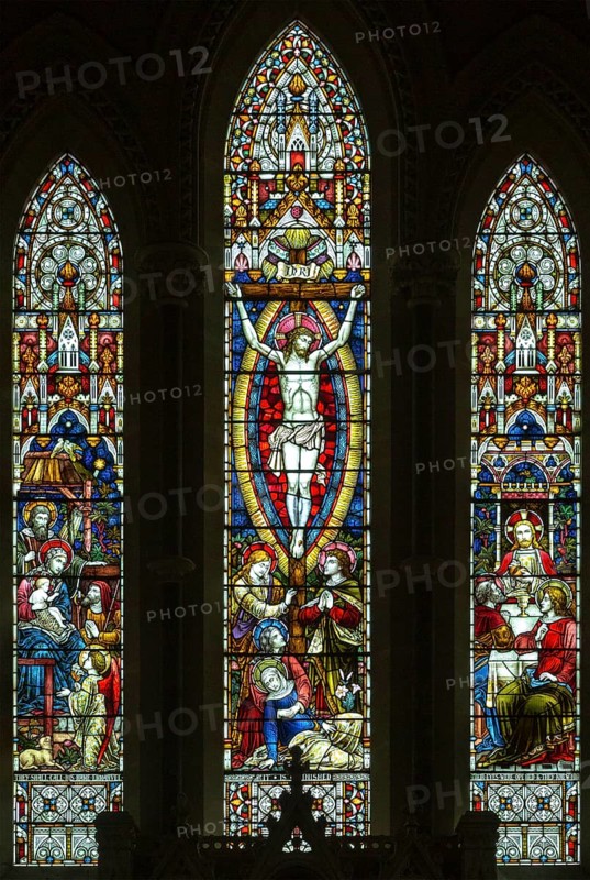 Victorian stained glass east window, Tidworth south church, Wiltshire, England, UK Heaton, Butler and Bayne 1880