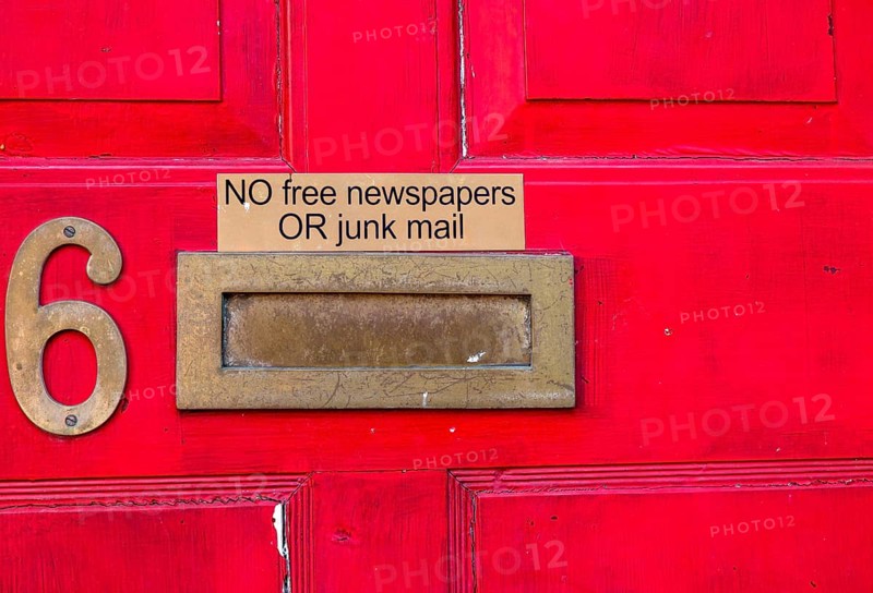 No free newspapers or junk mail letter box sign notice, UK