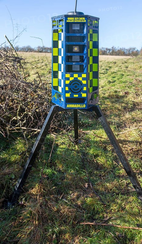 Armadillo Videoguard surveillance equipment used to observe detect protestors at HS2 protest site, Kenilworth, Warwickshire, England, UK