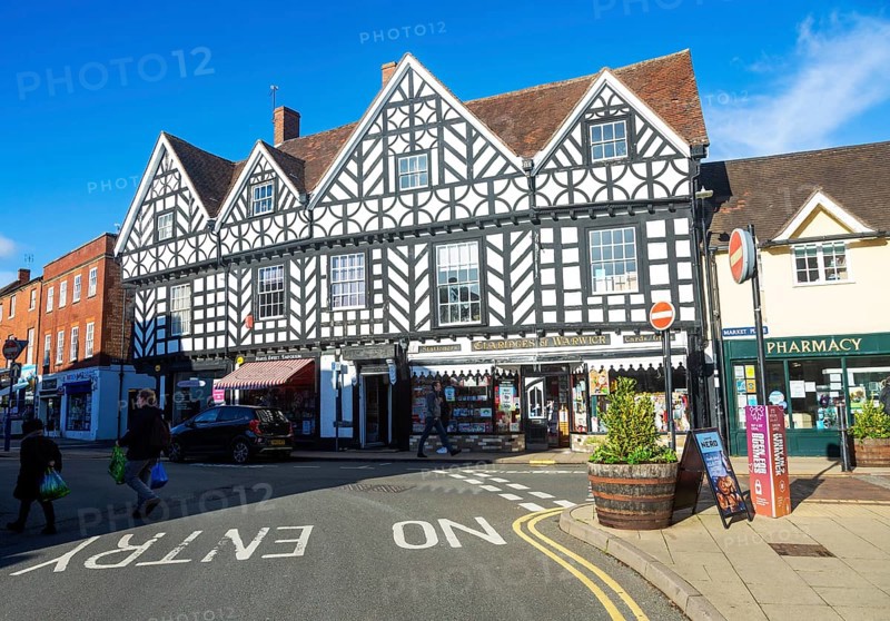 Medieval half timbered building Claridges of Warwick shop, Warwick, Warwickshire, England, UK