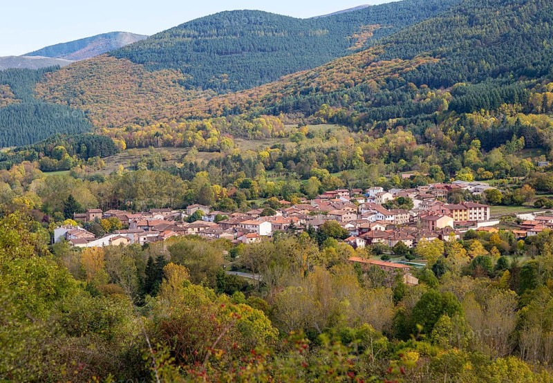 Autumnal countryside landscape view of forests, mountains and village of Valganon, La Rioja, Spain, Europe