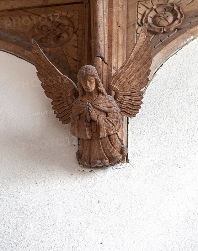 Carved wooden angel figure church of Ilketshall St Andrew, Suffolk, England, UK