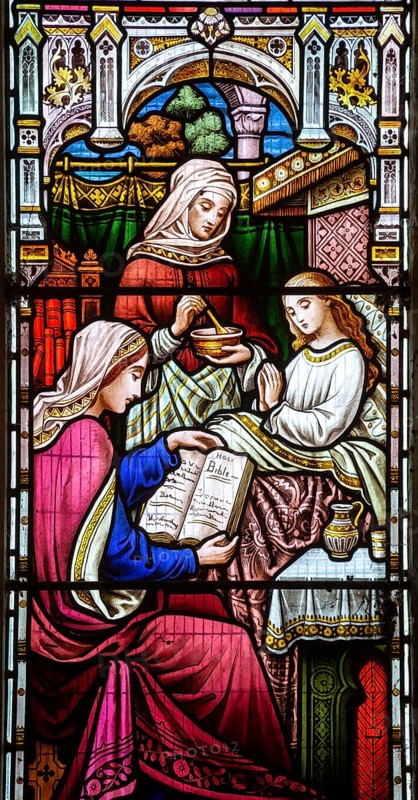 Stained glass west window detail Acts of Mercy, 1878, Great Bealings church, Suffolk, England, UK by H Hughes
