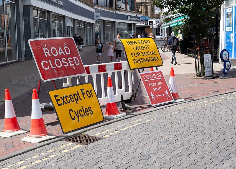 Road closed for new social distancing layout in town centre, Carr Street, Ipswich, Suffolk, England, UK July 2020