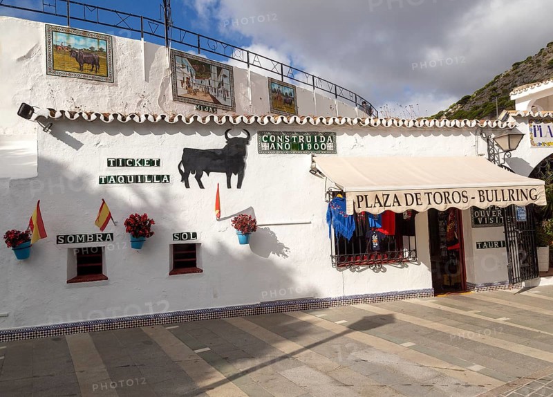 Bullring built 1900, Mijas, Costa del Sol, Malaga Province, Andalusia, Spain ticket windows for sun and shade, souvenir shop