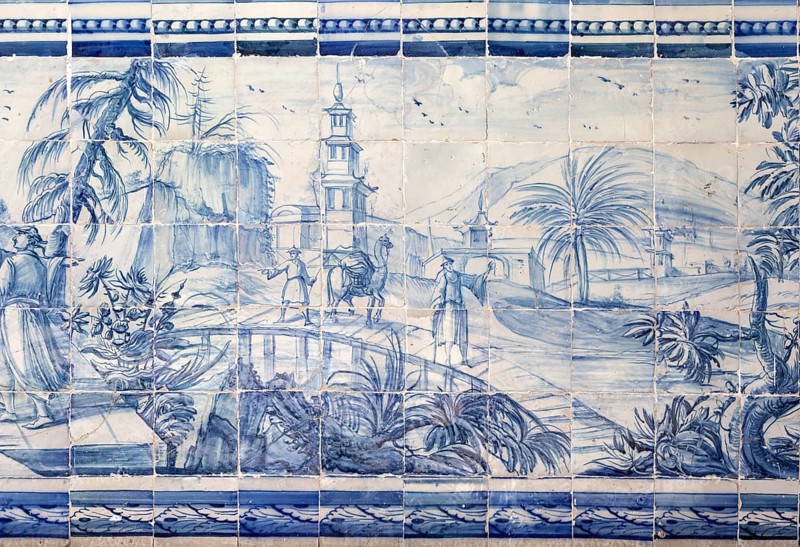 Blue and white azulejo tiles Oriental Far Eastern landscape China, University of Evora, Portugal, Europe