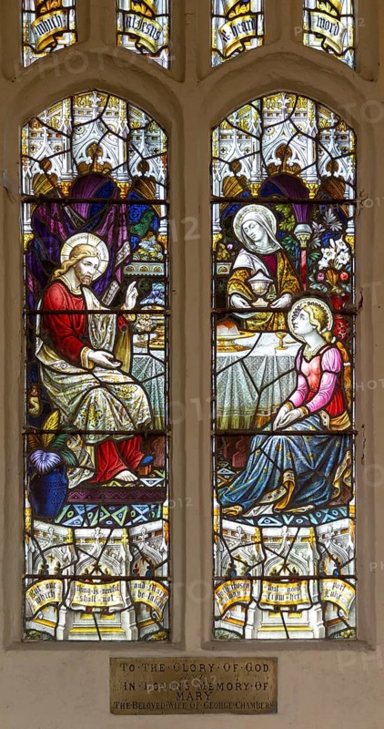 Stained glass window of Jesus Christ and Mary at table, church of Saint Margaret, Linstead Parva, Suffolk, England, UK circa 1890s