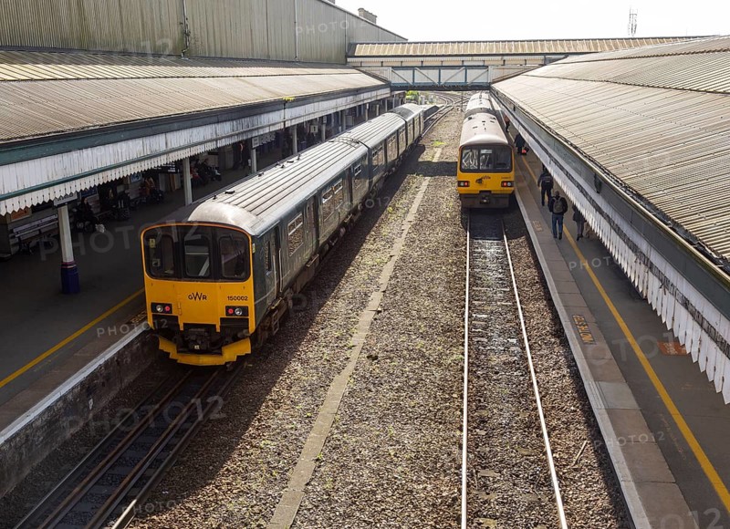 GWR trains St David's railway station, Exeter, Devon, England, UK British Rail Class 150 Sprinter on left, Class 143 Pacer on right