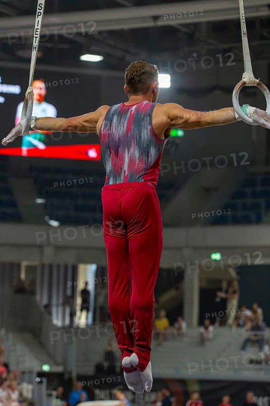 Heidelberg, 9 September 2023: Men's World Championship qualification in conjunction with a national competition against Israel. Nick Klessing during his routine on the rings