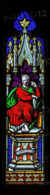 Stained glass window in church of Saint Margaret of Antioch, Leigh Delamere, Wiltshire, England, UK by Wilmshurst 1846 Isaiah