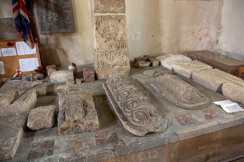 Anglo Saxon carved stone crosses from 9th-11th century, Holy Cross church, Ramsbury, Wiltshire, England, UK