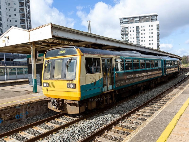 Transport for Wales Class 142 train at Queen Street railway station, Cardiff, South Wales, UK