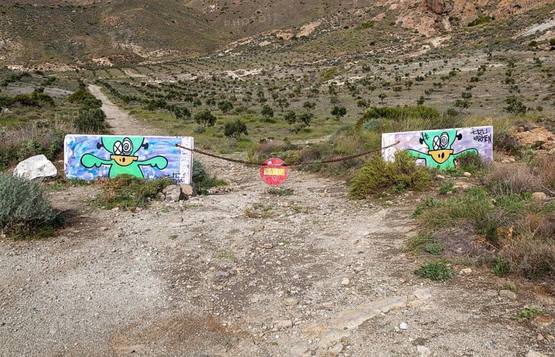 Old road now closed on route to Cala de San Pedro, Cabo de Gata Natural Park, Almeria, Spain, Europe