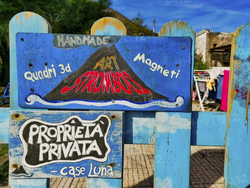 Stromboli volcano as motif on house sign, Stromboli Island, Lipari Islands, Italy, Europe