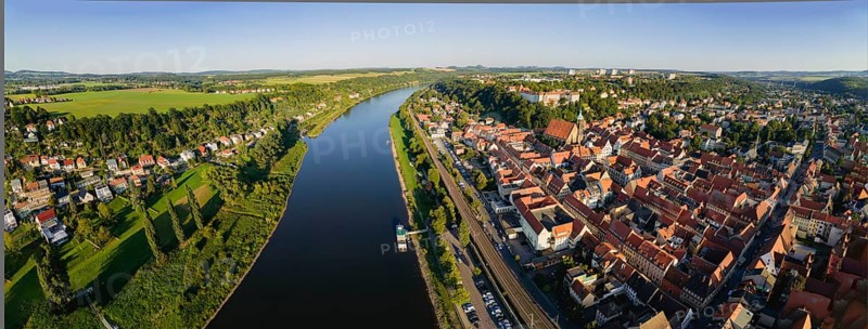 Pirna on the Elbe. General view of the old town centre with town hall, market square, St. Mary's Cathedral and Sonnenstein Fortress, Pirna, Saxony, Germany, Europe
