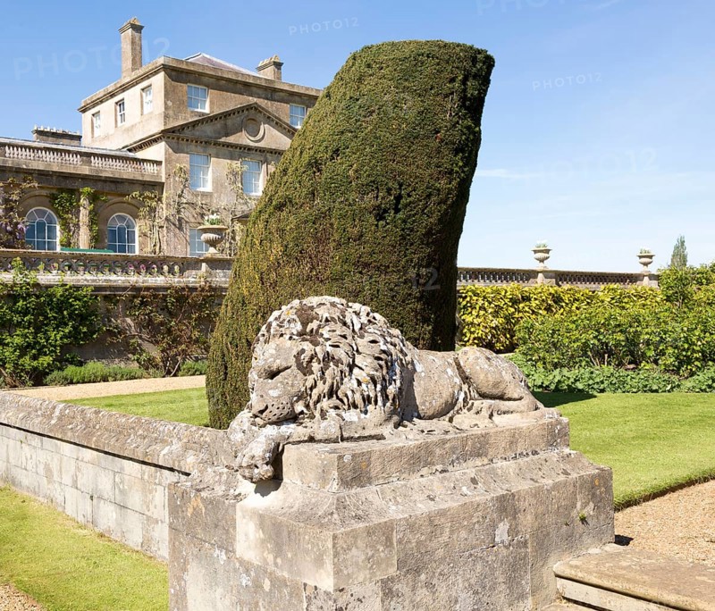Stone lion sculpture terrace garden Bowood House and gardens, Calne, Wiltshire, England, UK