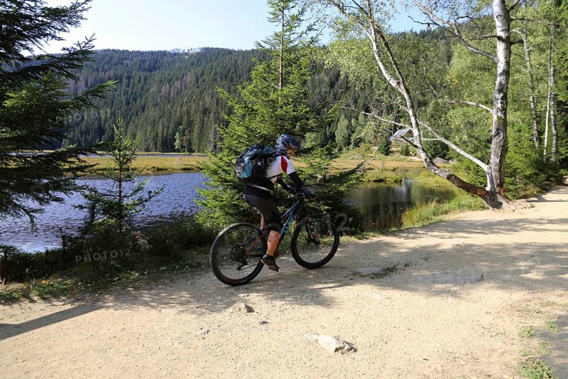 Mountain bike tour through the Bavarian Forest with the DAV Summit Club: Mountain biker at the small Arbersee lake