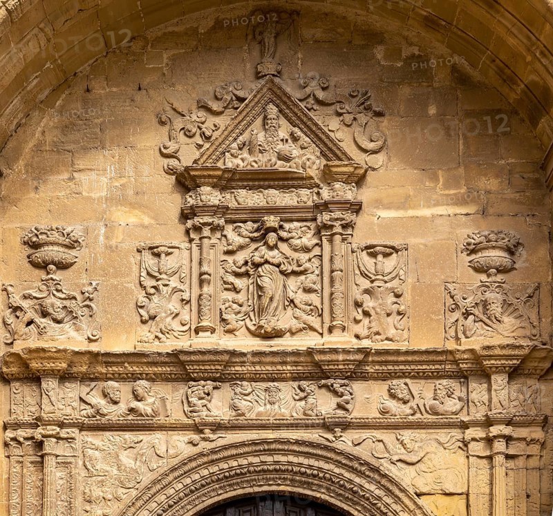 Detail of stonework carvings above doorway to church of Santa Maria de la Asuncion, Briones, La Rioja Alta, Spain, Europe