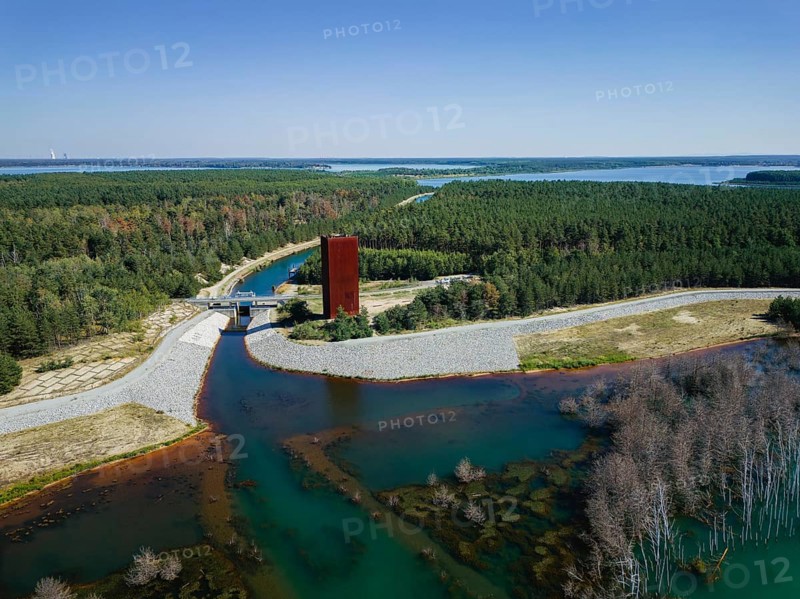The 30 metre high landmark of the Lusatian Lakeland, the so-called Rusty Nail, was built at the mouth of Lake Sedlitz. It is a lookout tower made of 111 tonnes of Corten steel, with the base of a right-angled triangle with cathetus lengths of approximately twelve and eight metres. 162 steps lead to the viewing platform on the tower, Senftenberg, Brandenburg, Germany, Europe