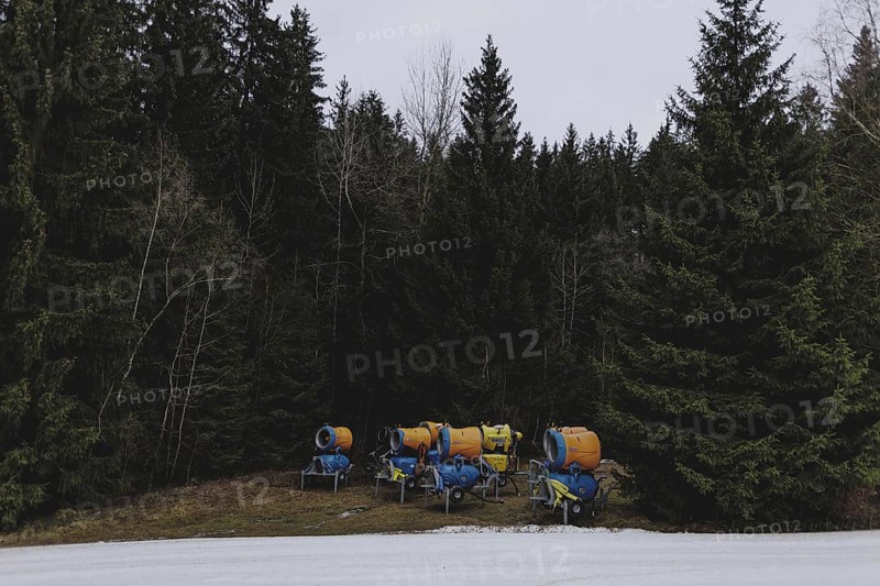 Snow cannons, photographed on a ski slope in the Jizera Mountains ski resort near Albrechtice v Jizerskych Horach, 05/02/2024. The Czech low mountain range with its ski resort is affected by increasingly warmer and shorter winters
